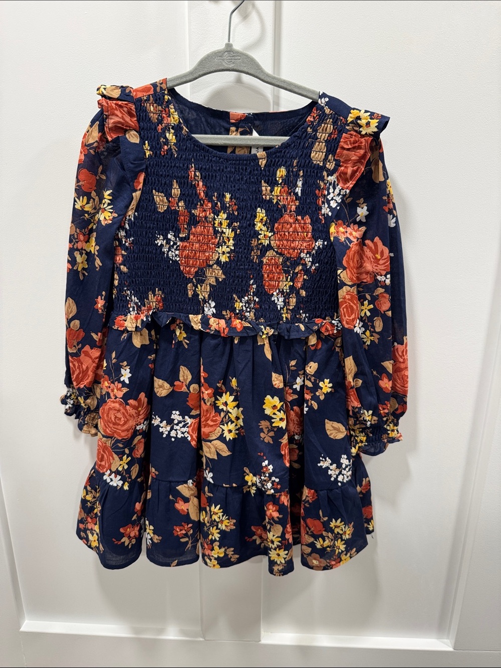Janie and Jack Navy Floral Smocked Dress with Rust and Yellow Blooms